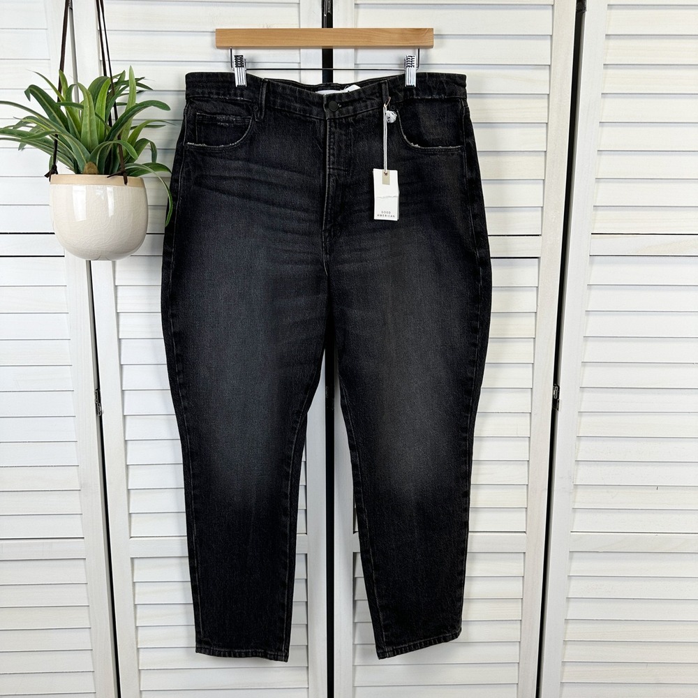 New Good American‎ Good Mom Jeans Black Wash High Rise Tapered Pant Size 15 37in